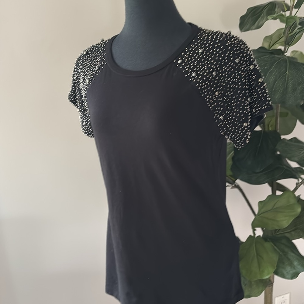JOE FRESH 100% COTTON BLACK TEE WITH PEARL ENCRUSTED SHORT SLEEVES